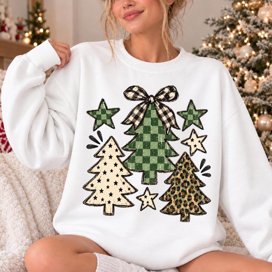 Women's Christmas Tree Patterned Trio Sweatshirt Rustic Holiday Women Vintage Farmhouse Design