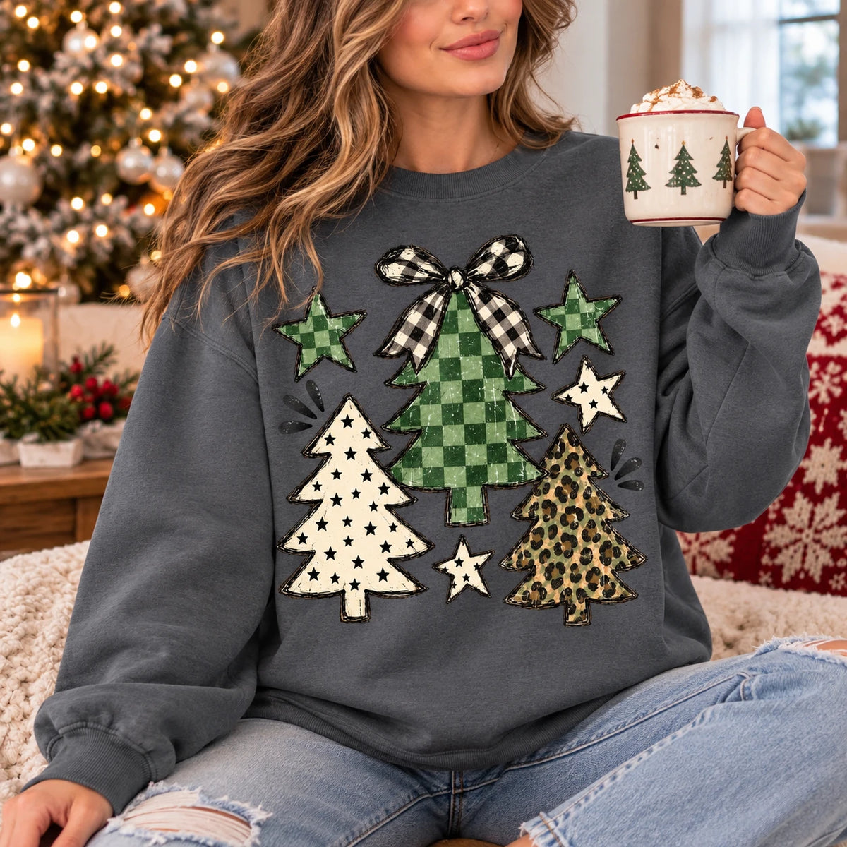 Women's Christmas Tree Sweatshirt with Green Buffalo Plaid, Leopard Print and Gingham Bow - Rustic Vintage Farmhouse Holiday Design