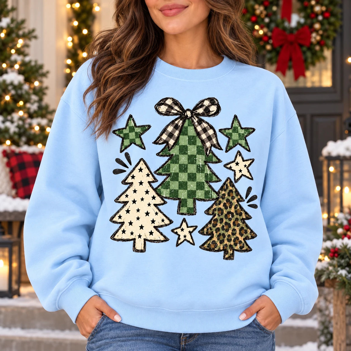 Women's Christmas Tree Sweatshirt with Green Buffalo Plaid, Leopard Print and Gingham Bow - Rustic Vintage Farmhouse Holiday Design