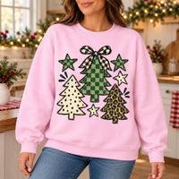 Women's Christmas Tree Sweatshirt with Green Buffalo Plaid, Leopard Print and Gingham Bow - Rustic Vintage Farmhouse Holiday Design
