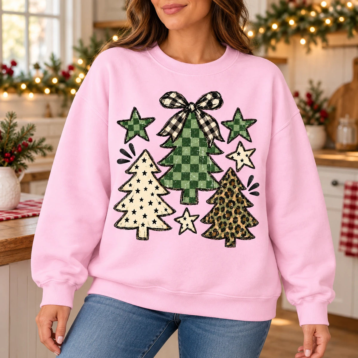 Women's Christmas Tree Sweatshirt with Green Buffalo Plaid, Leopard Print and Gingham Bow - Rustic Vintage Farmhouse Holiday Design
