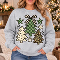 Women's Christmas Tree Sweatshirt with Green Buffalo Plaid, Leopard Print and Gingham Bow - Rustic Vintage Farmhouse Holiday Design