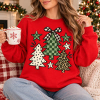 Women's Christmas Tree Sweatshirt with Green Buffalo Plaid, Leopard Print and Gingham Bow - Rustic Vintage Farmhouse Holiday Design