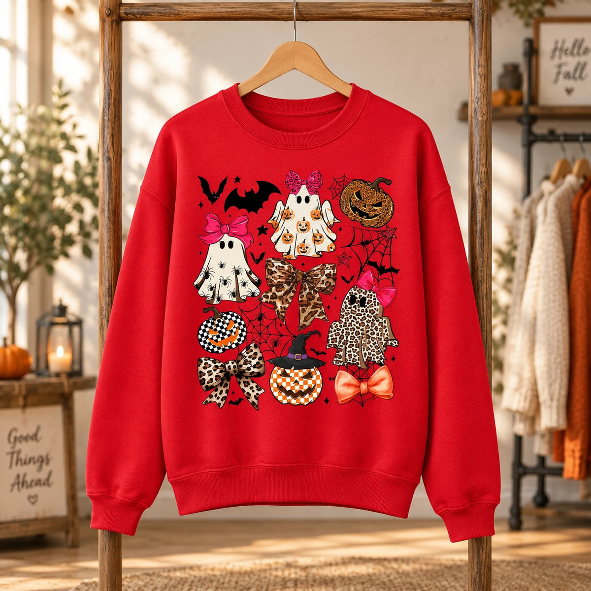 Women's Coquette Halloween Graphic Top Cute Ghost Leopard Bow Spooky Season Apparel