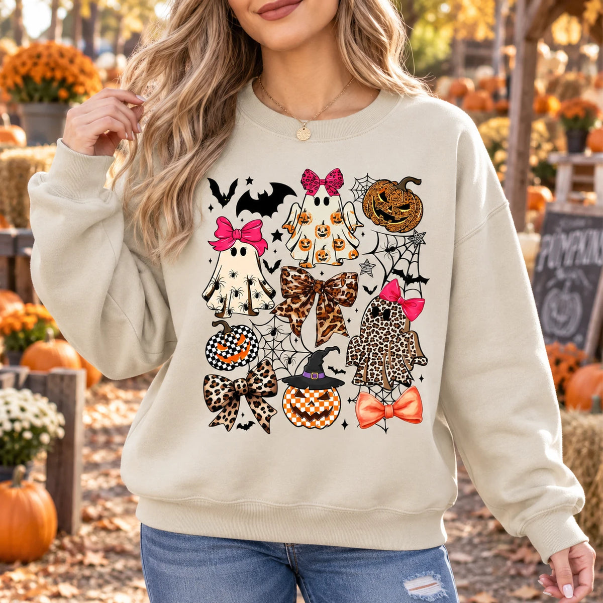 Women's Coquette Halloween Graphic Top Cute Ghost Leopard Bow Spooky Season Apparel