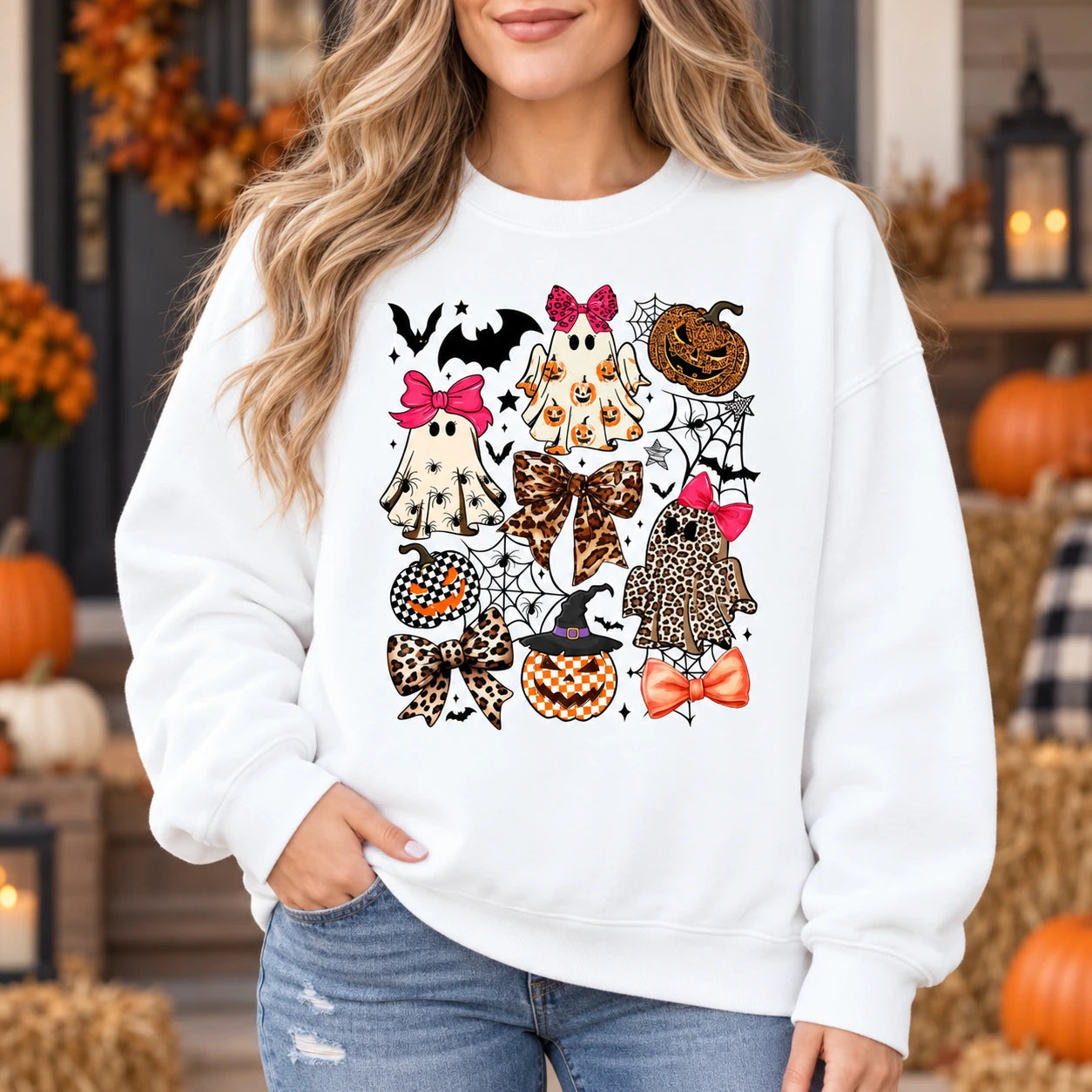 Women's Coquette Halloween Graphic Top Cute Ghost Leopard Bow Spooky Season Apparel