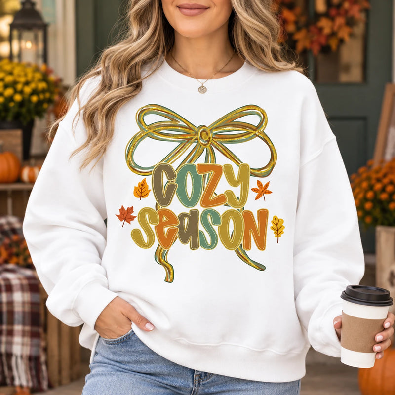 Women's Cozy Season Coquette Bow Graphic Sweatshirt, Cute Autumn Pullover Top for Fall Outings