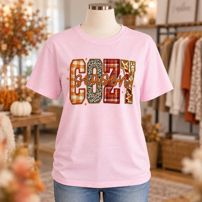 Women's Cozy Season Fall Graphic T-Shirt Thanksgiving Leopard Plaid Leaf Autumn