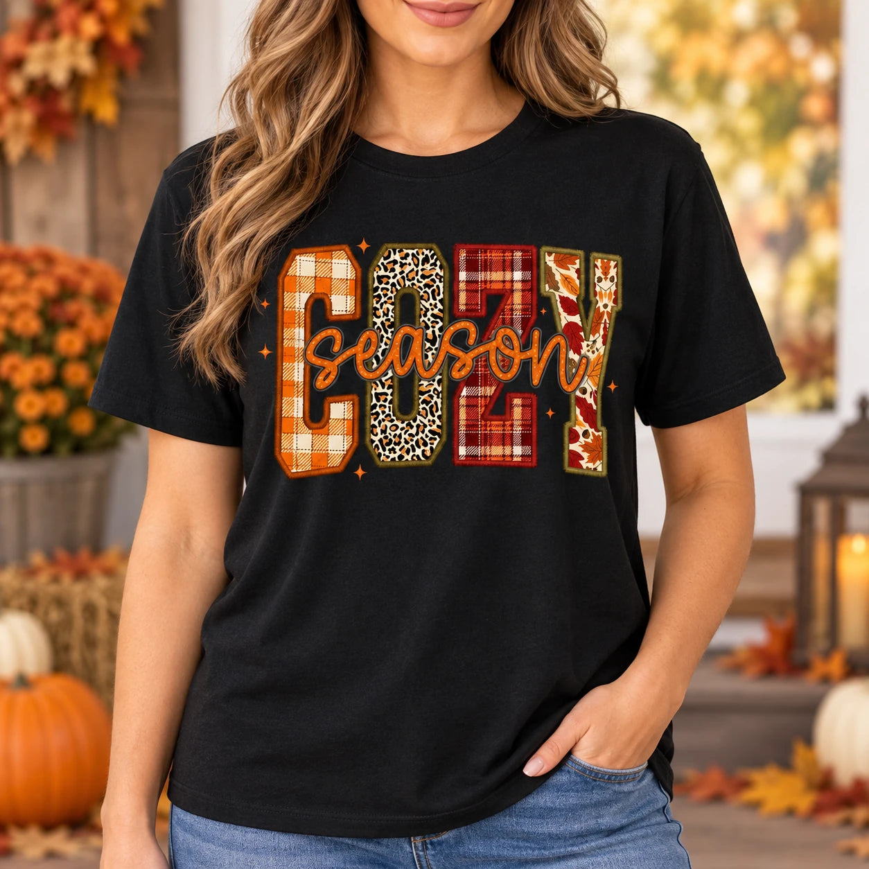 Women's Cozy Season Fall Graphic T-Shirt Thanksgiving Leopard Plaid Leaf Autumn