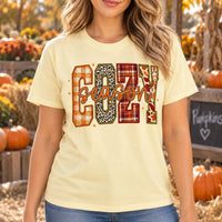 Women's Cozy Season Fall Graphic T-Shirt Thanksgiving Leopard Plaid Leaf Autumn