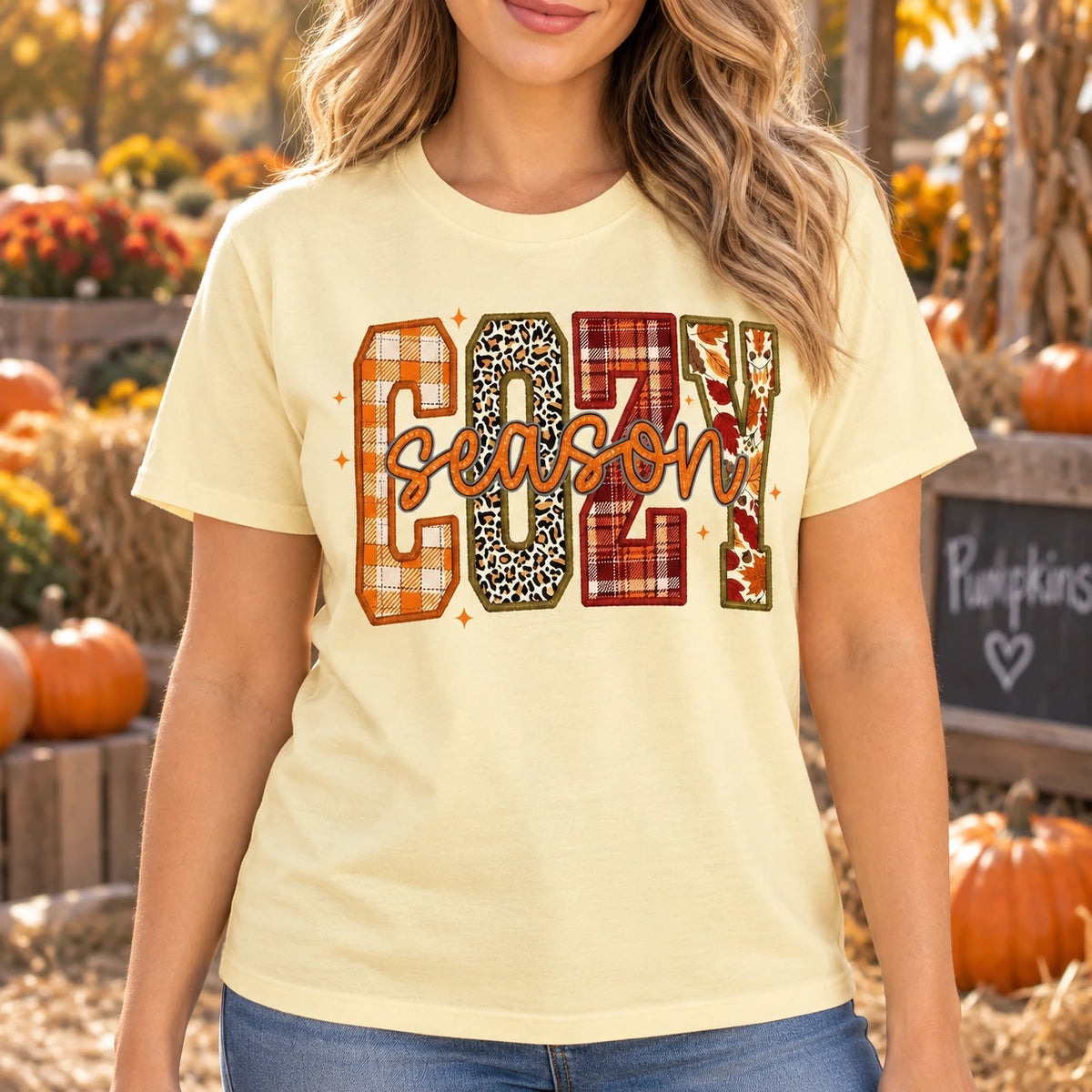 Women's Cozy Season Fall Graphic T-Shirt Thanksgiving Leopard Plaid Leaf Autumn