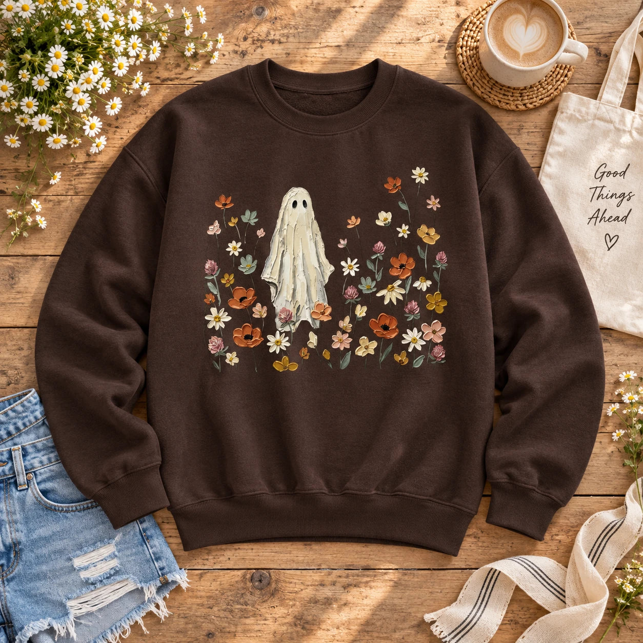 Women's Cute Floral Ghost Sweatshirt Aesthetic Cottagecore Botanical Wildflower Crewneck Fall Halloween Graphic Pullover