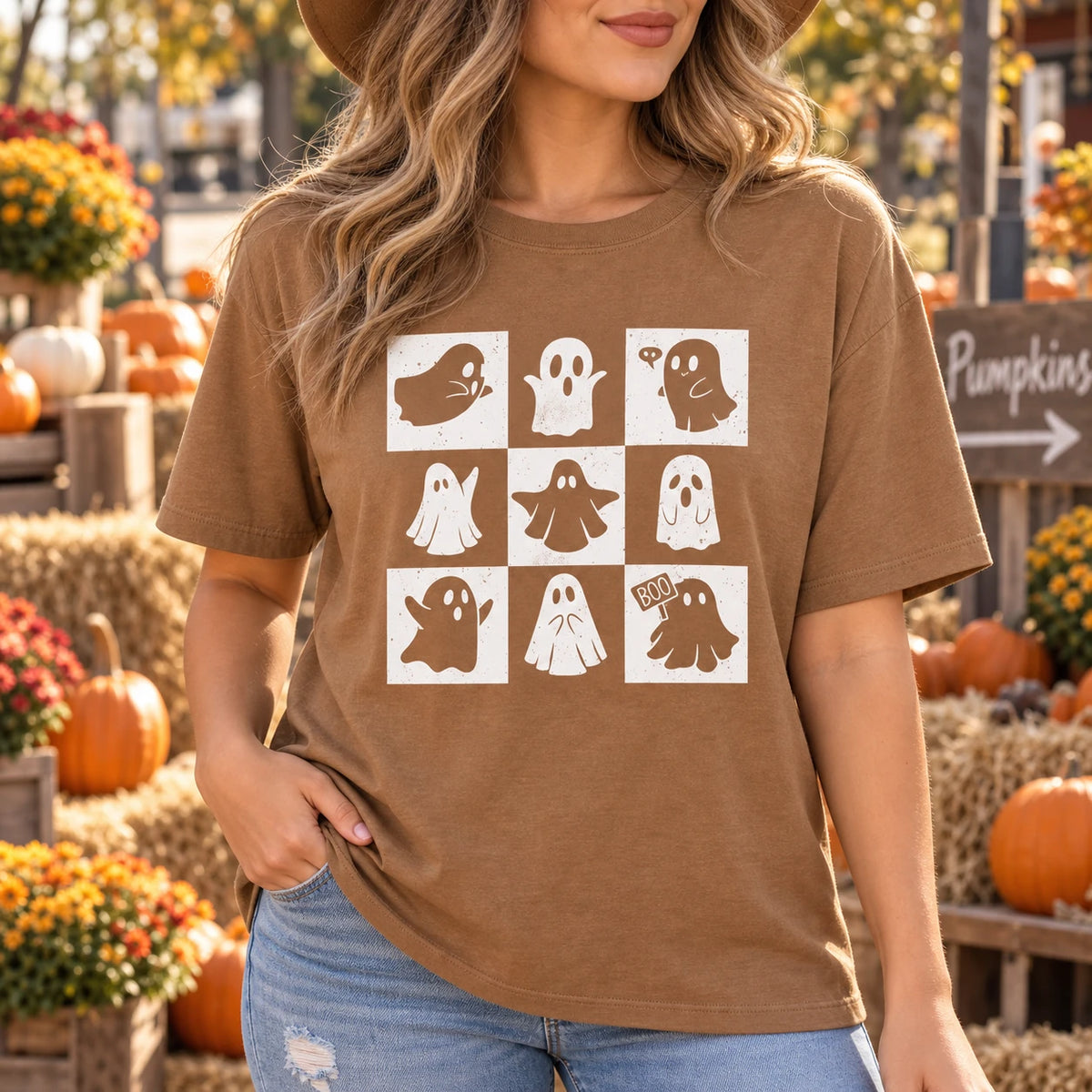 Women's Cute Ghost Halloween Graphic T-Shirt Retro Spooky Season Fall Aesthetic Top