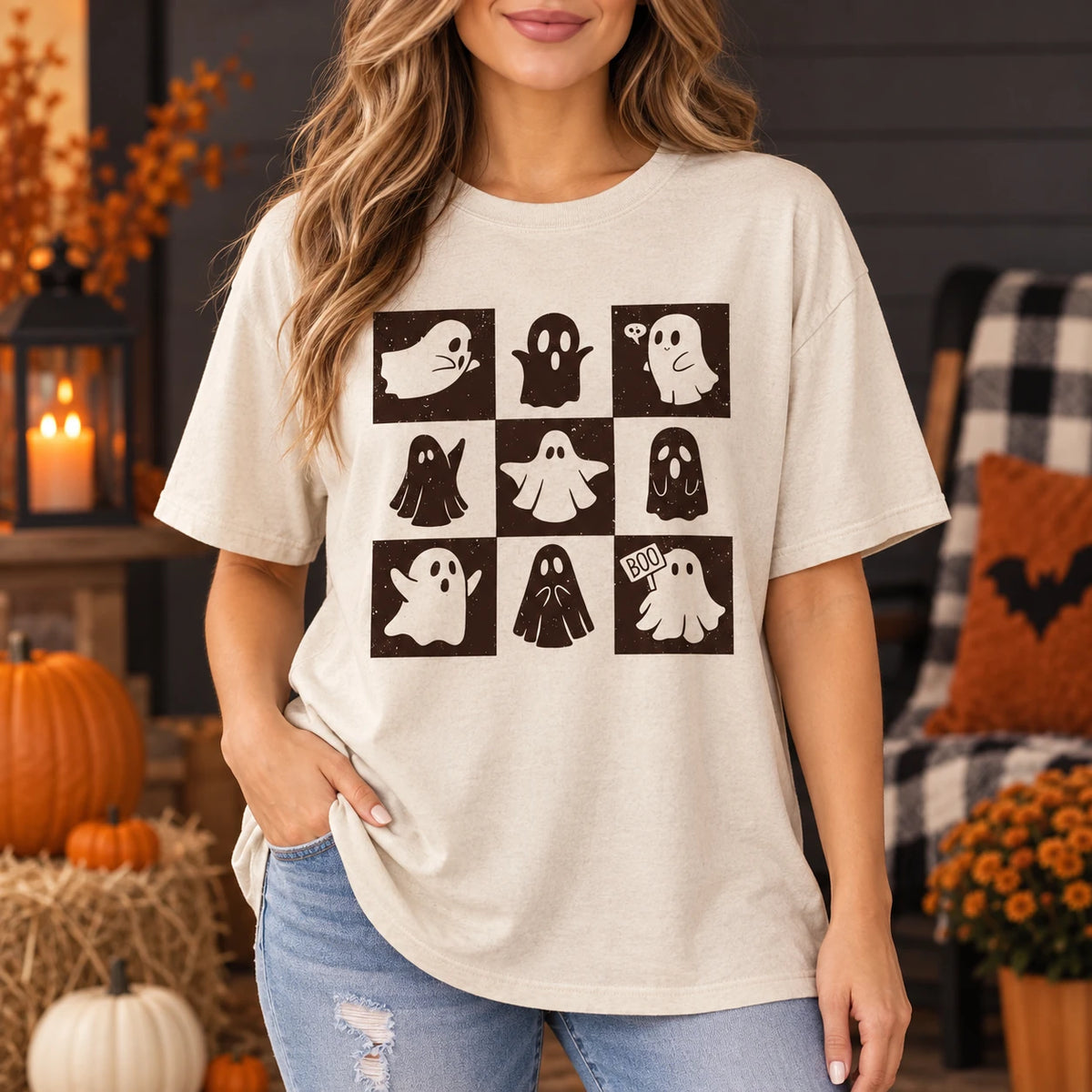 Women's Cute Ghost Halloween Graphic T-Shirt Retro Spooky Season Fall Aesthetic Top