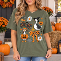 Women's Cute Halloween Goose Graphic T-Shirt Witch & Pumpkin Fall Spooky Season Crew Neck Top