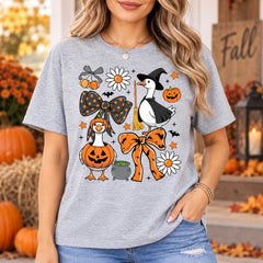 Women's Cute Halloween Goose Graphic T-Shirt Witch & Pumpkin Fall Spooky Season Crew Neck Top