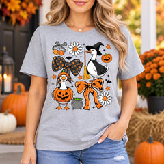 Women's Cute Halloween Goose Graphic T-Shirt Witch & Pumpkin Fall Spooky Season Crew Neck Top