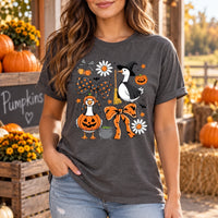 Women's Cute Halloween Goose Graphic T-Shirt Witch & Pumpkin Fall Spooky Season Crew Neck Top