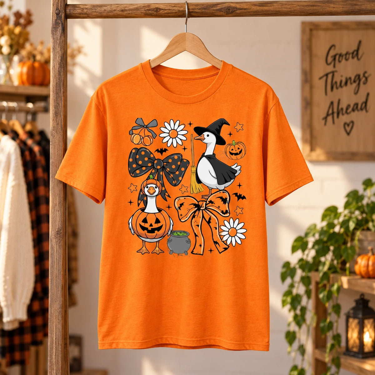 Women's Cute Halloween Goose Graphic T-Shirt Witch & Pumpkin Fall Spooky Season Crew Neck Top
