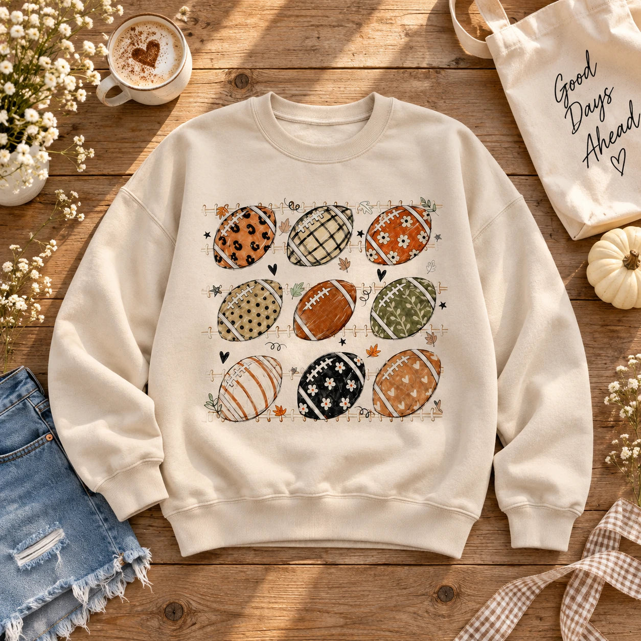 Women's Fall Football Game Day Top, Patterned Football Graphic T-Shirt or Sweatshirt, Leopard Plaid Floral Autumn Tailgate Outfit