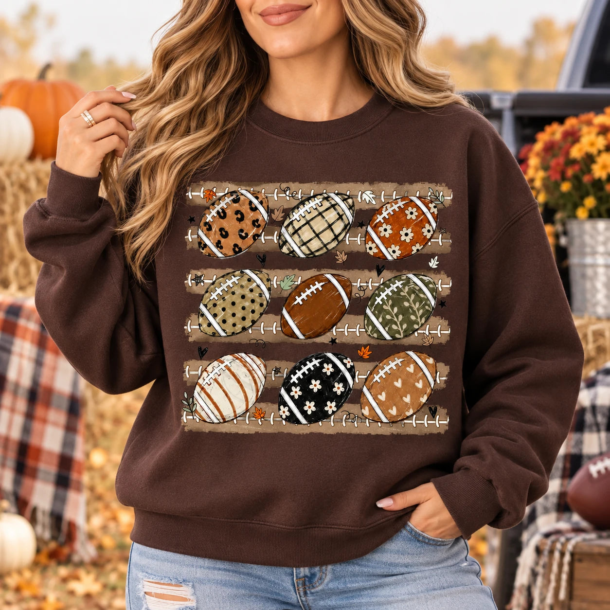 Women's Fall Football Game Day Top, Patterned Football Graphic T-Shirt or Sweatshirt, Leopard Plaid Floral Autumn Tailgate Outfit
