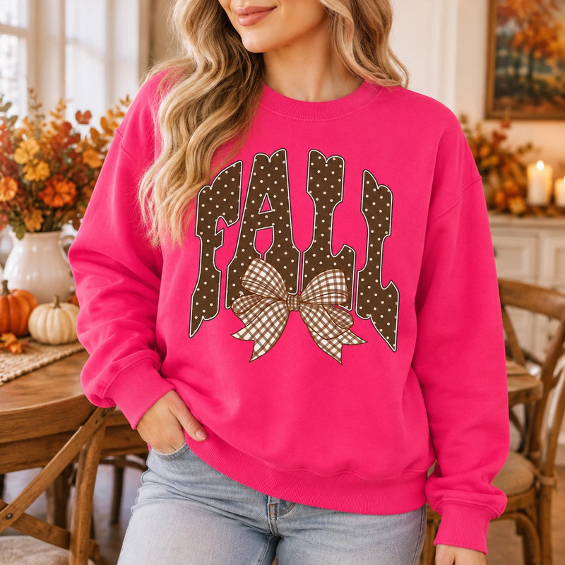 Women’s Fall Outfit Graphic Sweatshirt with Polka Dot Lettering and Gingham Bow for Thanksgiving
