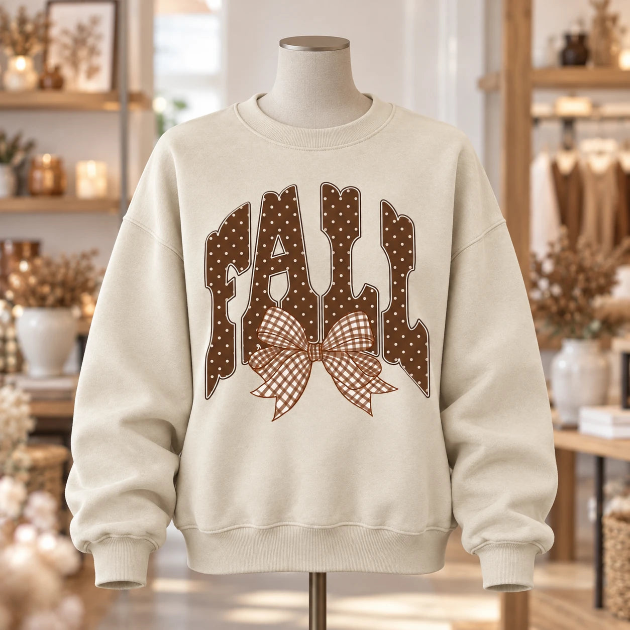 Women’s Fall Outfit Graphic Sweatshirt with Polka Dot Lettering and Gingham Bow for Thanksgiving