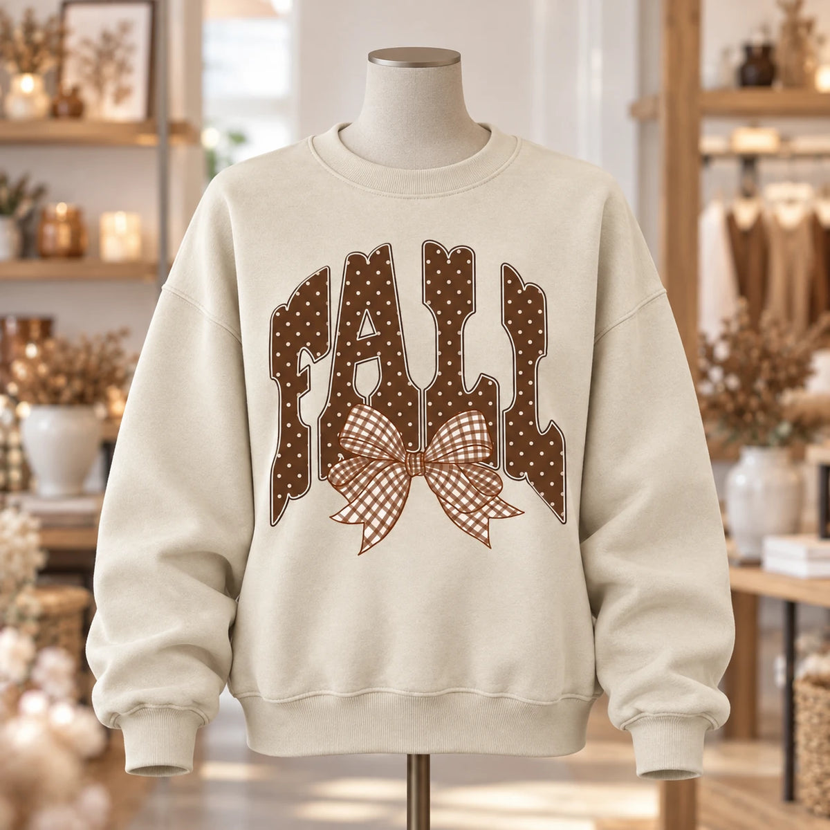 Women’s Fall Outfit Graphic Sweatshirt with Polka Dot Lettering and Gingham Bow for Thanksgiving