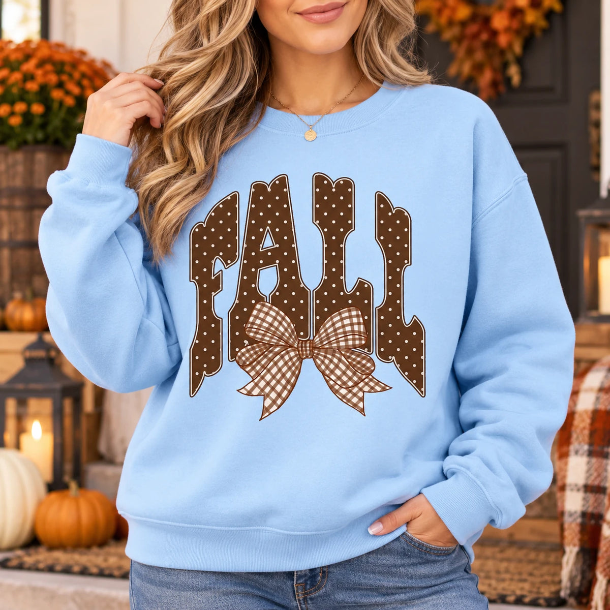 Women’s Fall Outfit Graphic Sweatshirt with Polka Dot Lettering and Gingham Bow for Thanksgiving