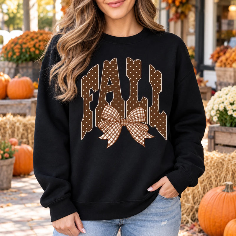 Women’s Fall Outfit Graphic Sweatshirt with Polka Dot Lettering and Gingham Bow for Thanksgiving