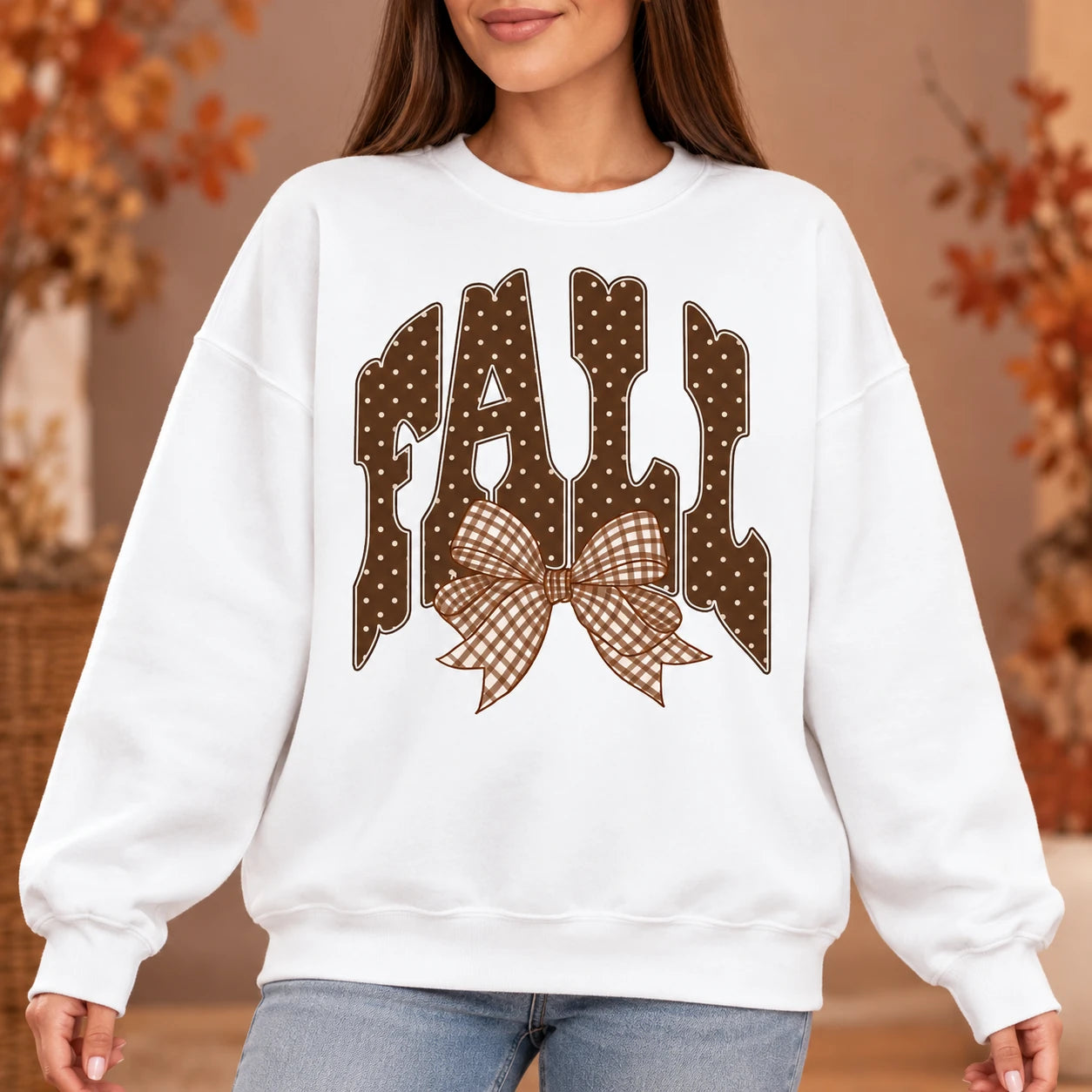 Women’s Fall Outfit Graphic Sweatshirt with Polka Dot Lettering and Gingham Bow for Thanksgiving
