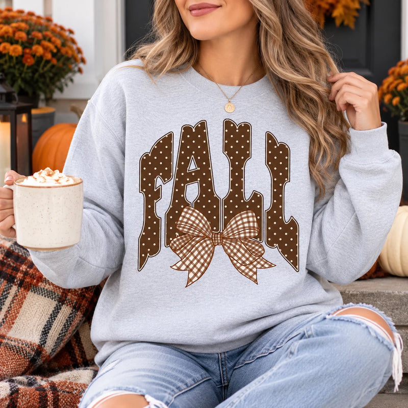 Women’s Fall Outfit Graphic Sweatshirt with Polka Dot Lettering and Gingham Bow for Thanksgiving