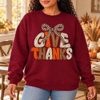Women's Give Thanks Leopard Bow Thanksgiving Sweatshirt
