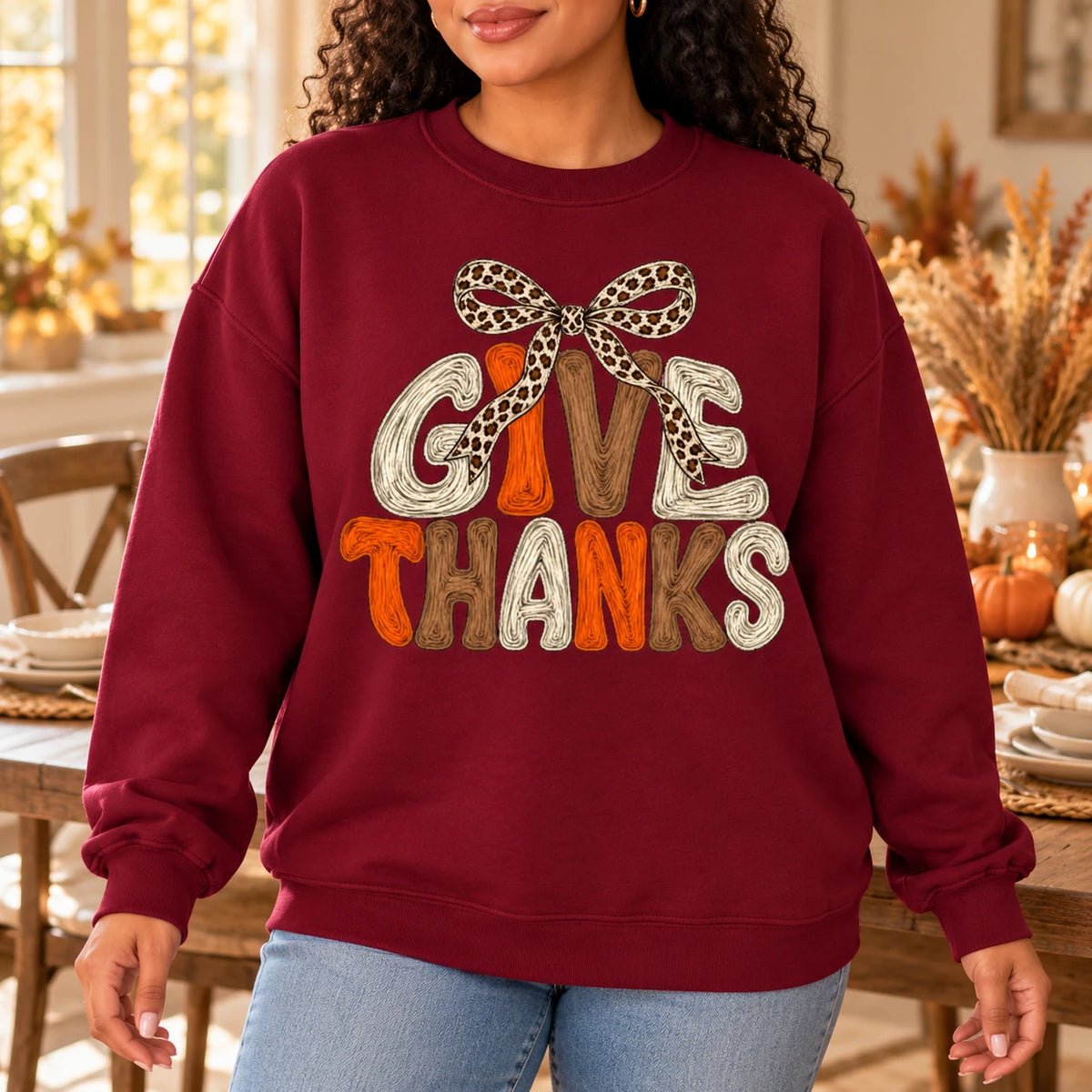 Women's Give Thanks Leopard Bow Thanksgiving Sweatshirt