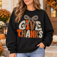Women's Give Thanks Leopard Bow Thanksgiving Sweatshirt