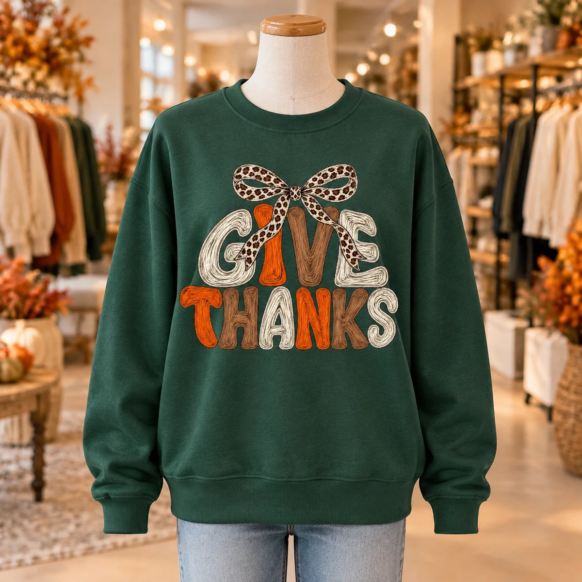 Women's Give Thanks Leopard Bow Thanksgiving Sweatshirt