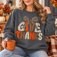 Women's Give Thanks Leopard Bow Thanksgiving Sweatshirt