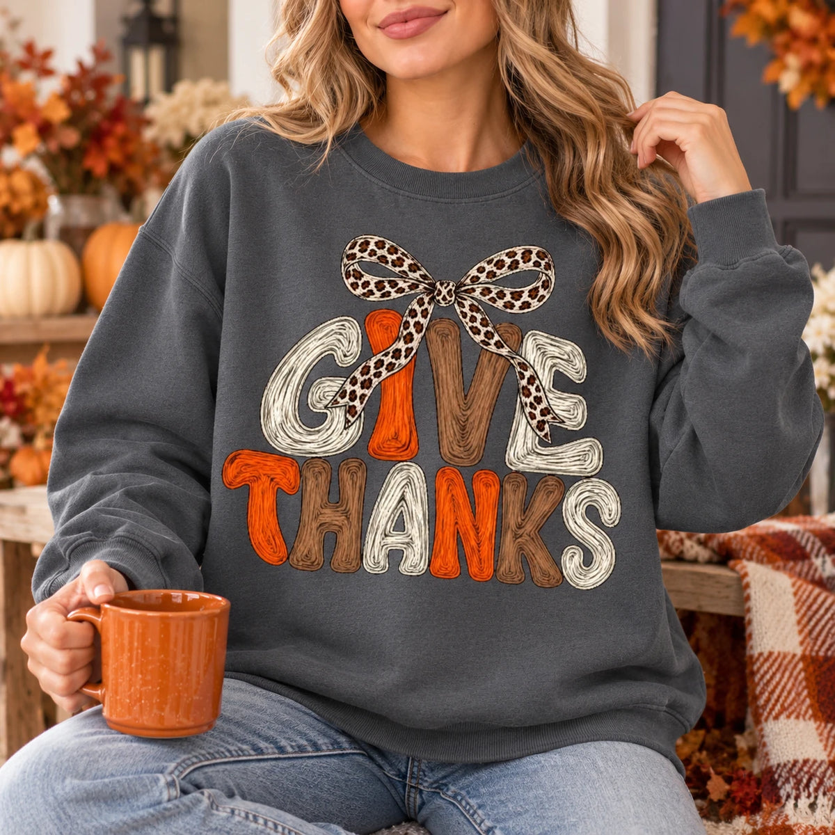 Women's Give Thanks Leopard Bow Thanksgiving Sweatshirt