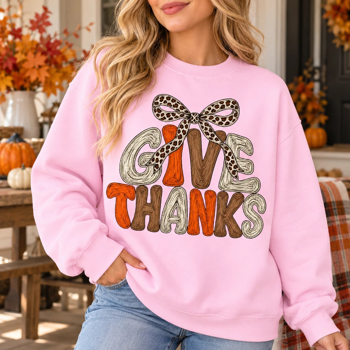 Women's Give Thanks Leopard Bow Thanksgiving Sweatshirt