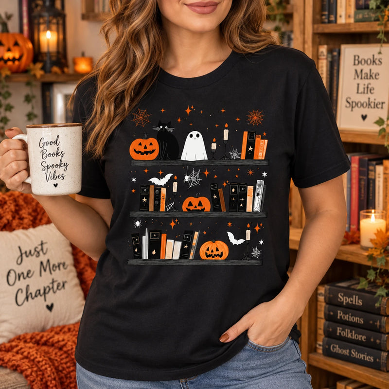 Women's Halloween Book Lover Graphic T-Shirt Cute Spooky Bookshelf Fall Reading Tee