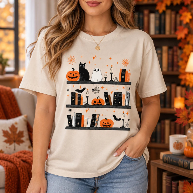 Women's Halloween Book Lover Graphic T-Shirt Cute Spooky Bookshelf Fall Reading Tee
