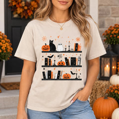 Women's Halloween Book Lover Graphic T-Shirt Cute Spooky Bookshelf Fall Reading Tee