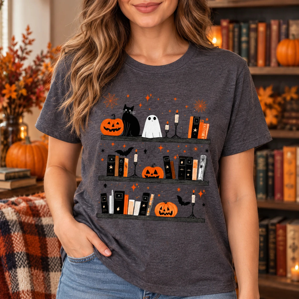 Women's Halloween Book Lover Graphic T-Shirt Cute Spooky Bookshelf Fall Reading Tee
