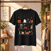 Women's Halloween Book Lover Graphic T-Shirt Cute Spooky Bookshelf Fall Reading Tee