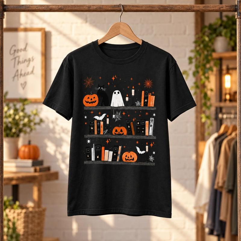 Women's Halloween Book Lover Graphic T-Shirt Cute Spooky Bookshelf Fall Reading Tee