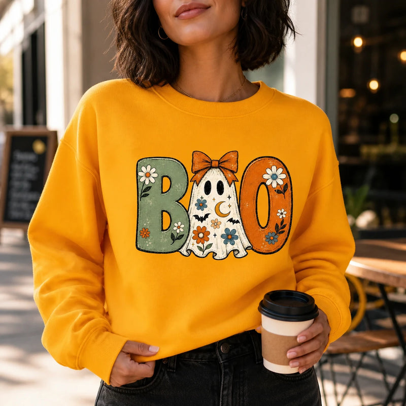 Women's Halloween Ghost Sweatshirt - Coquette Look, Vintage Floral Accents, Ghost Theme, Large Print