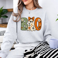 Women's Halloween Ghost Sweatshirt - Coquette Look, Vintage Floral Accents, Ghost Theme, Large Print