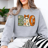 Women's Halloween Ghost Sweatshirt - Coquette Look, Vintage Floral Accents, Ghost Theme, Large Print