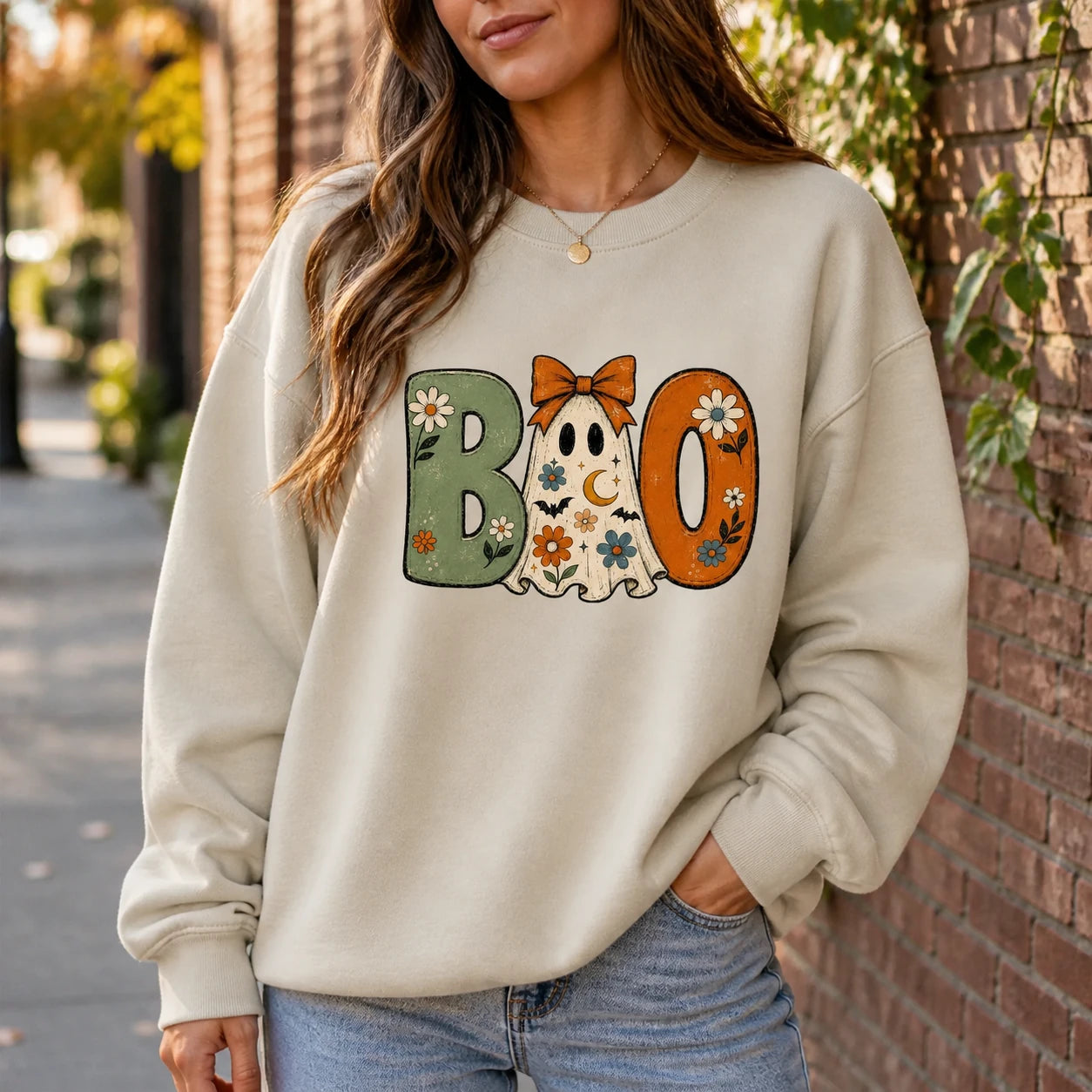 Women's Halloween Ghost Sweatshirt - Coquette Look, Vintage Floral Accents, Ghost Theme, Large Print