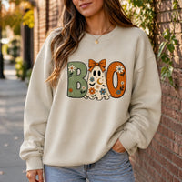 Women's Halloween Ghost Sweatshirt - Coquette Look, Vintage Floral Accents, Ghost Theme, Large Print